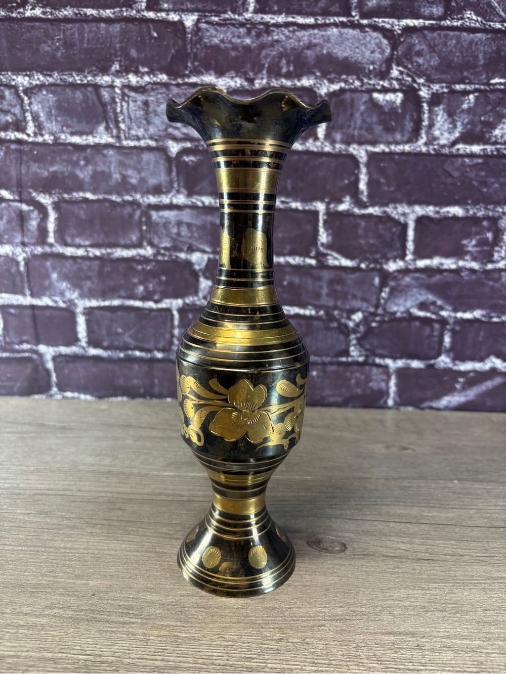 Vintage Solid Brass Bud Vase Black Cut To Brass Etching